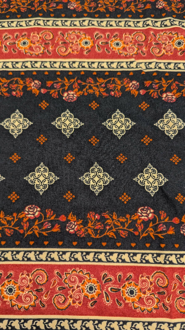 Black/Ivory/Rust Orange Quatrefoil & Rose Vine Print Jersey Knit Fabric 60"W - 1 1/4 yd