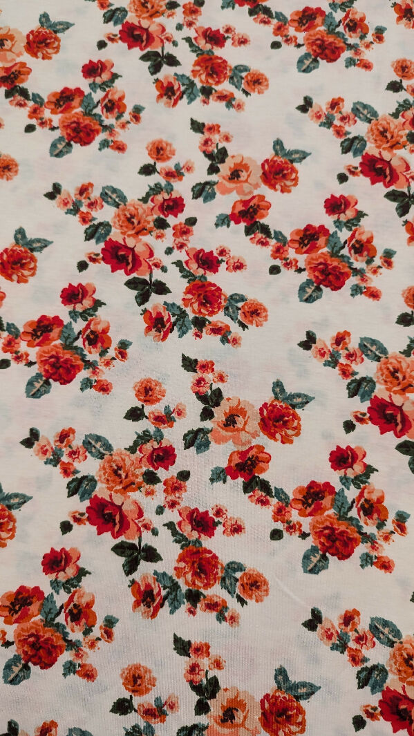 White/Red/Pink/Green Floral Print Jersey Knit Fabric 60"W - 1 3/4 yds +