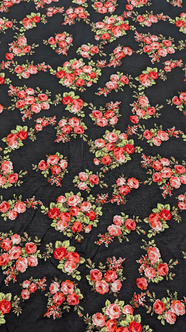 Black/Pink Floral Print Cotton Jersey Knit Fabric REMNANT 21"W - 2 1/4 yds+