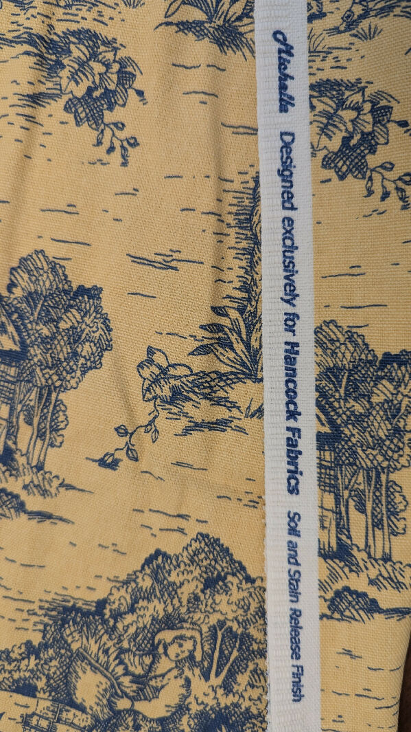 Butter Yellow/Dark Blue Toile Print Cotton Canvas Woven Fabric 58"W - 1 yd+