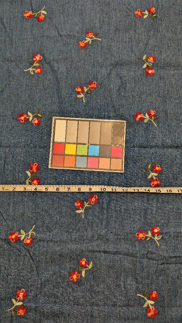 Medium Blue Floral Embroidered Chambray Woven Fabric REMNANT 61"W - 1 yd+