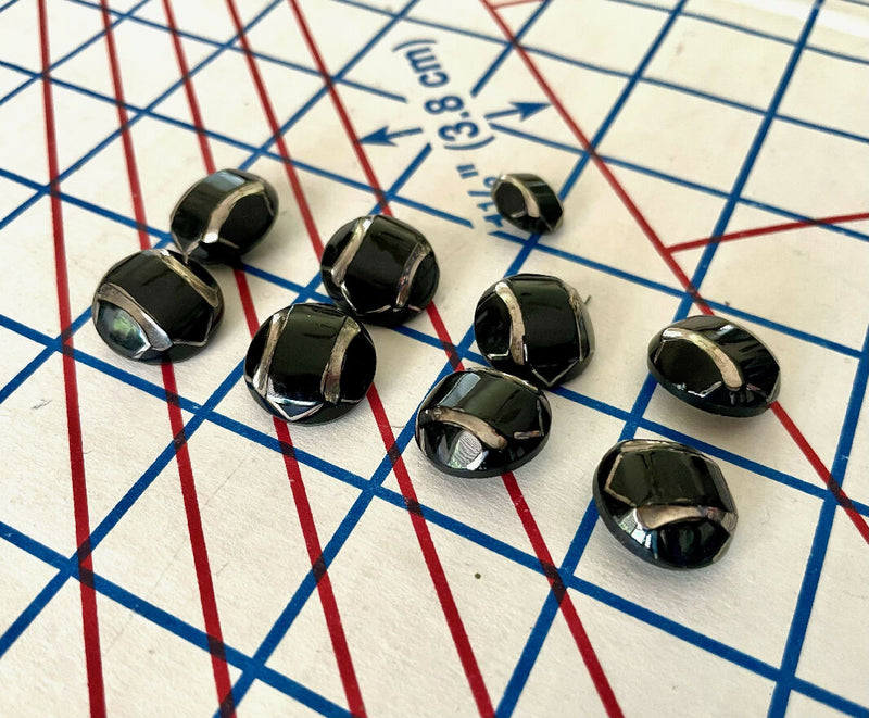 Vintage Glass Buttons: Black with Silver