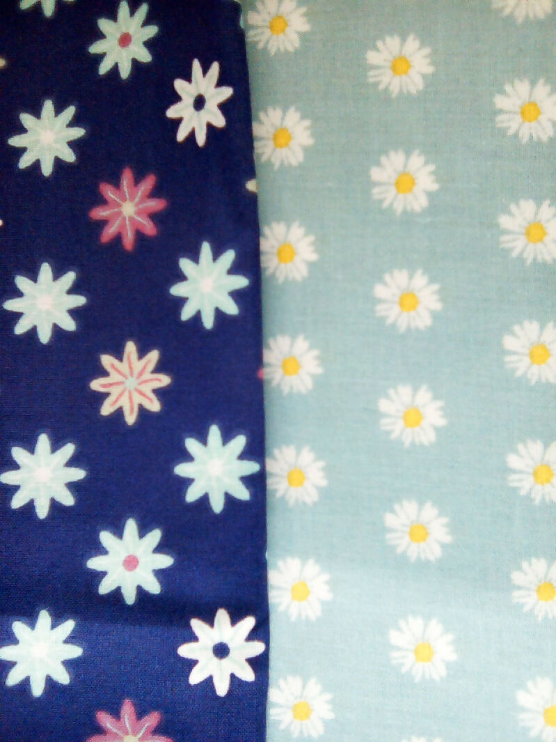 Cotton material, blue, green, black, pink, daisy designs, 9in x 43in all 8 pieces, fabric