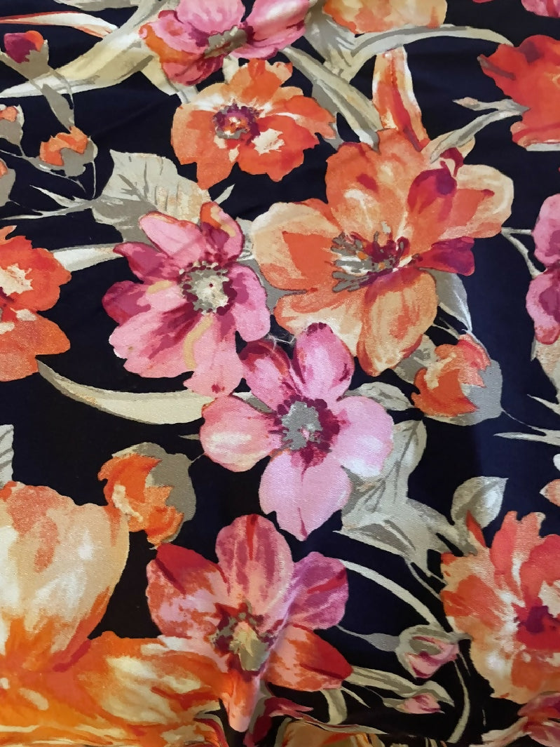 Navy Pink Orange Floral Stretch Sateen - 1.25 yds