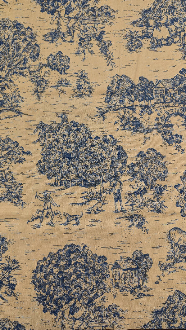 Butter Yellow/Dark Blue Toile Print Cotton Canvas Woven Fabric 58"W - 1 yd+