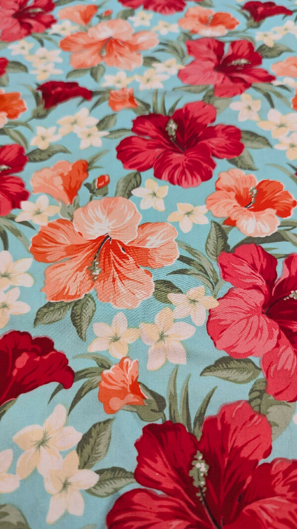 Light Aqua Hibiscus Floral Print Quilting Cotton Woven Fabric 42"W - 3 yds+