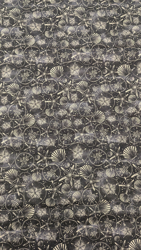 Steel Blue & White Starfish, Sand Dollar & Shell Print Quilting Cotton Woven Fabric 42"W x 44"L