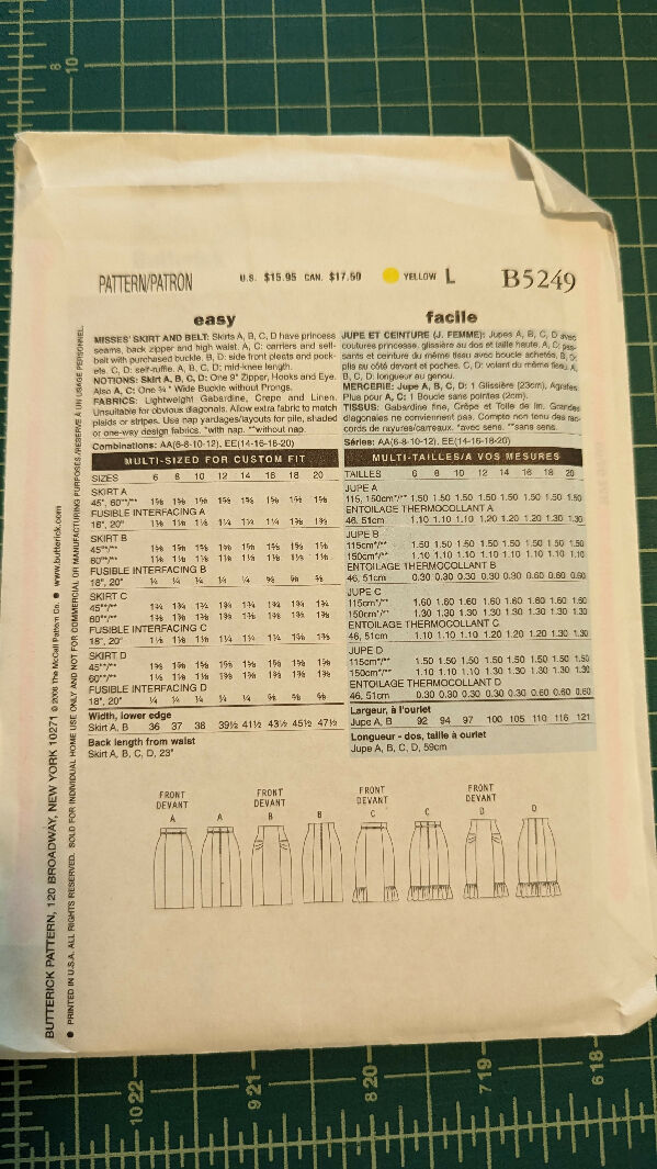 Butterick B5249 Skirt & Belt Sewing Pattern Sizes 14-20