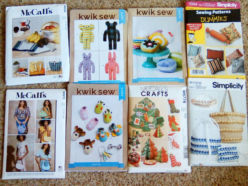 Sewing patterns lot, Simplicty, McCalls, Kwik, eight pattern lot, purse, booties