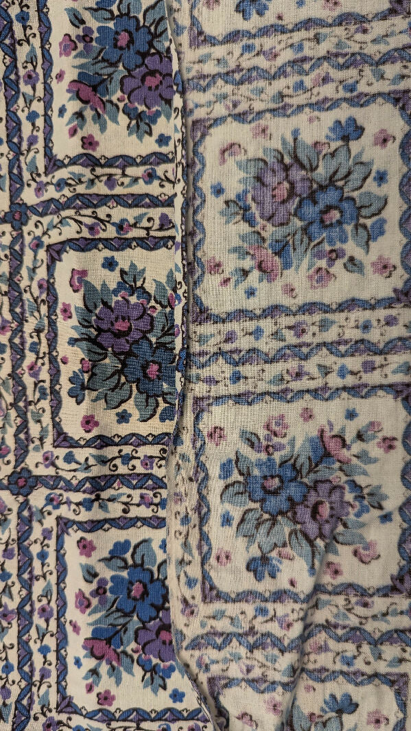 VTG Blue/Purple/Mauve/White Floral Grid Print Cotton Woven Fabric 36"W - 5 1/4 yds+