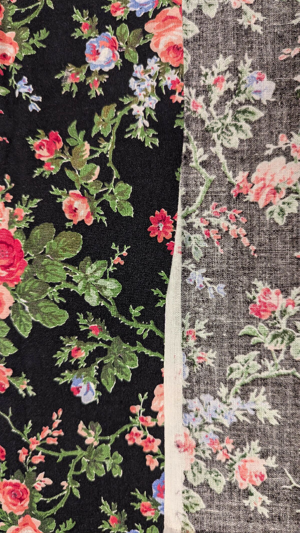 VTG Black Floral Print Cotton Woven Fabric 36"W - 2 1/4 yds