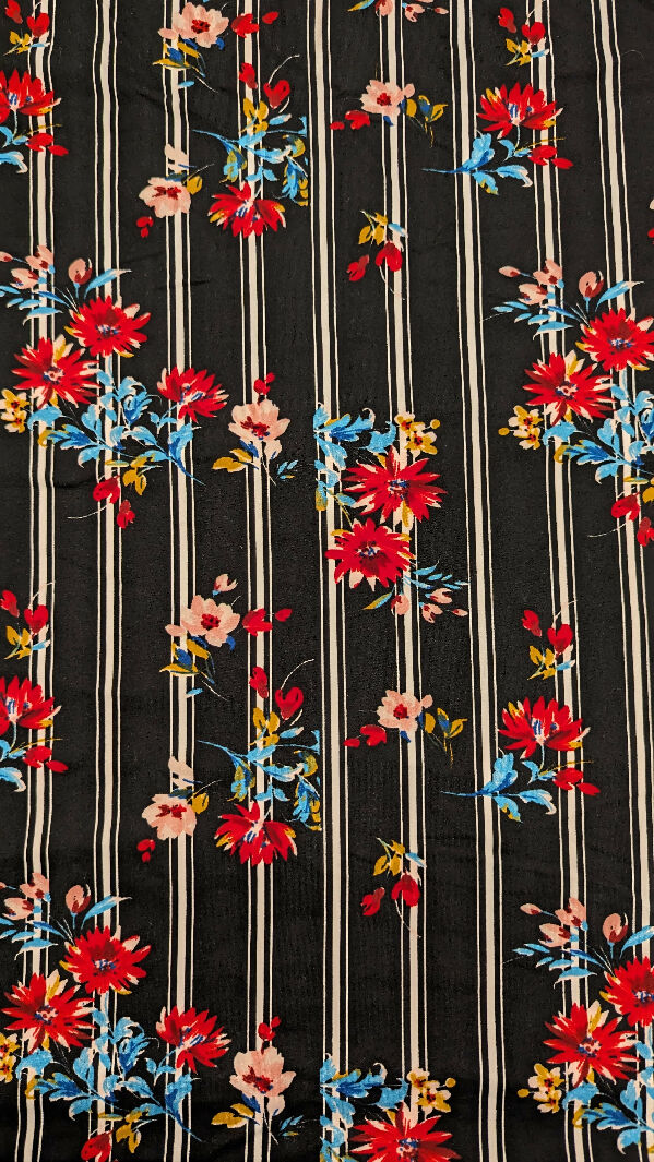 Black/White Stripe Multicolor Floral Print Double Brushed Polyester Knit Fabric 61"W - 1 1/4 yd+