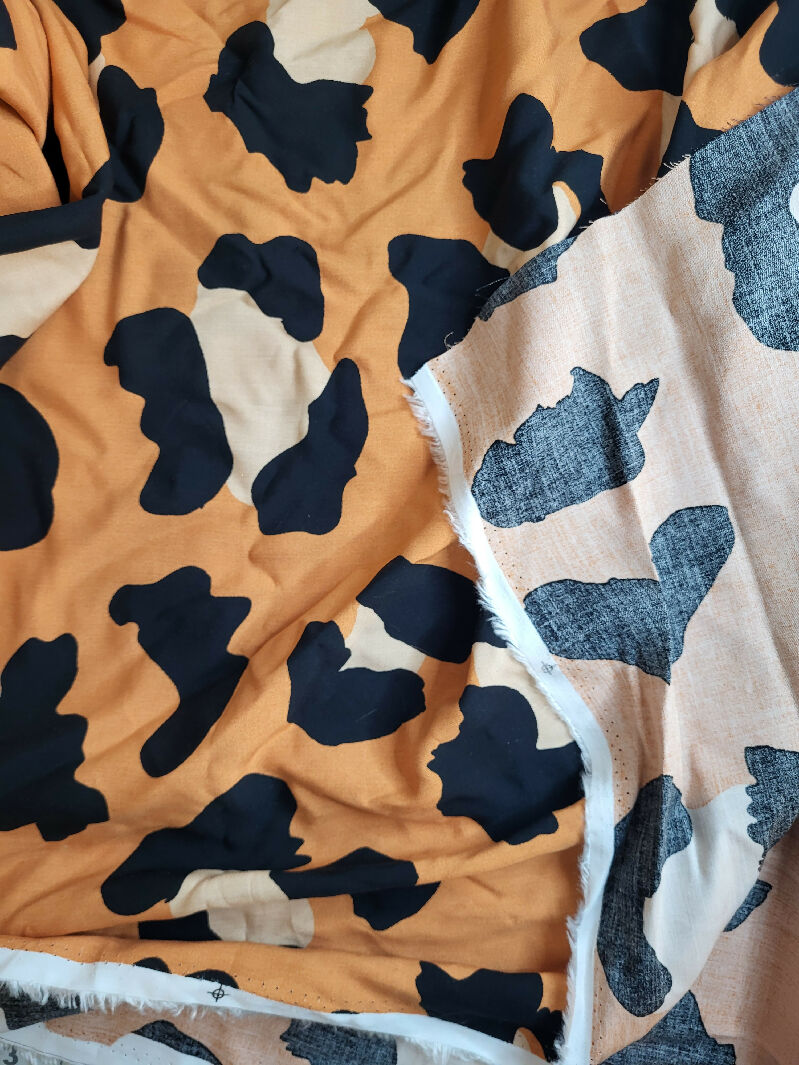 Large scale animal print rayon poplin/challis fabric, camel/black/beige