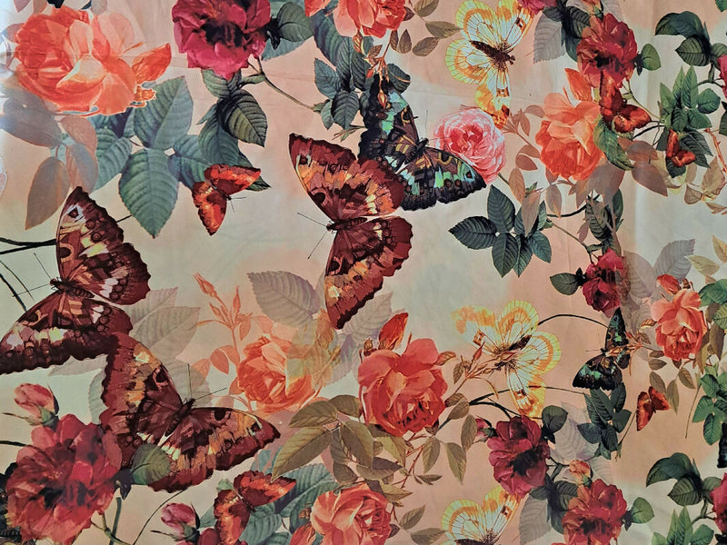 Peach Polyester Satin with Large Butterfly and Floral print - 4+ yards