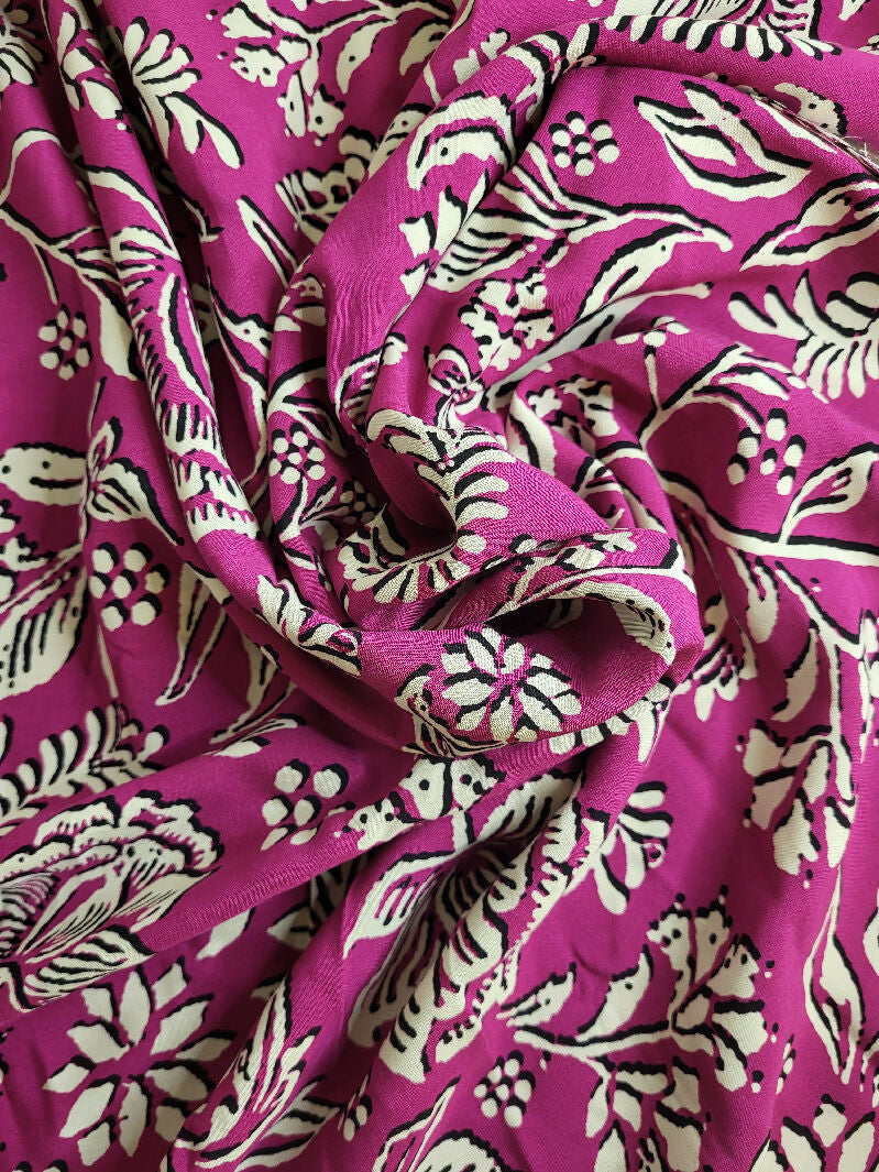 Magenta floral print rayon poplin/challis fabric, Magenta/black/cream