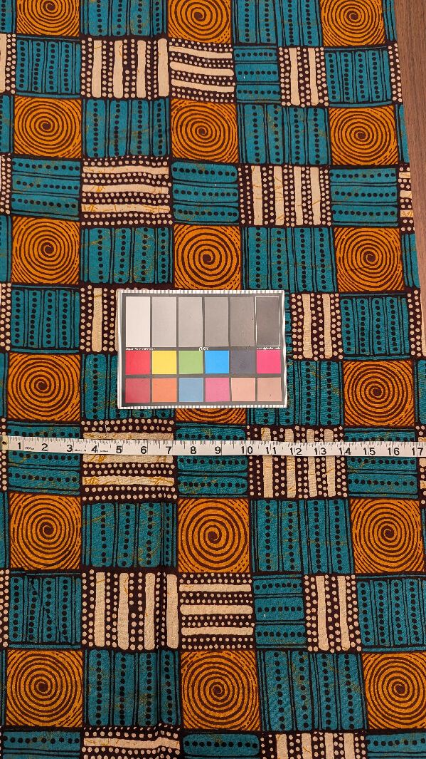 Teal/Orange/Brown/Tan African Wax Print Woven Fabric 42"W - 3 3/4 yds+