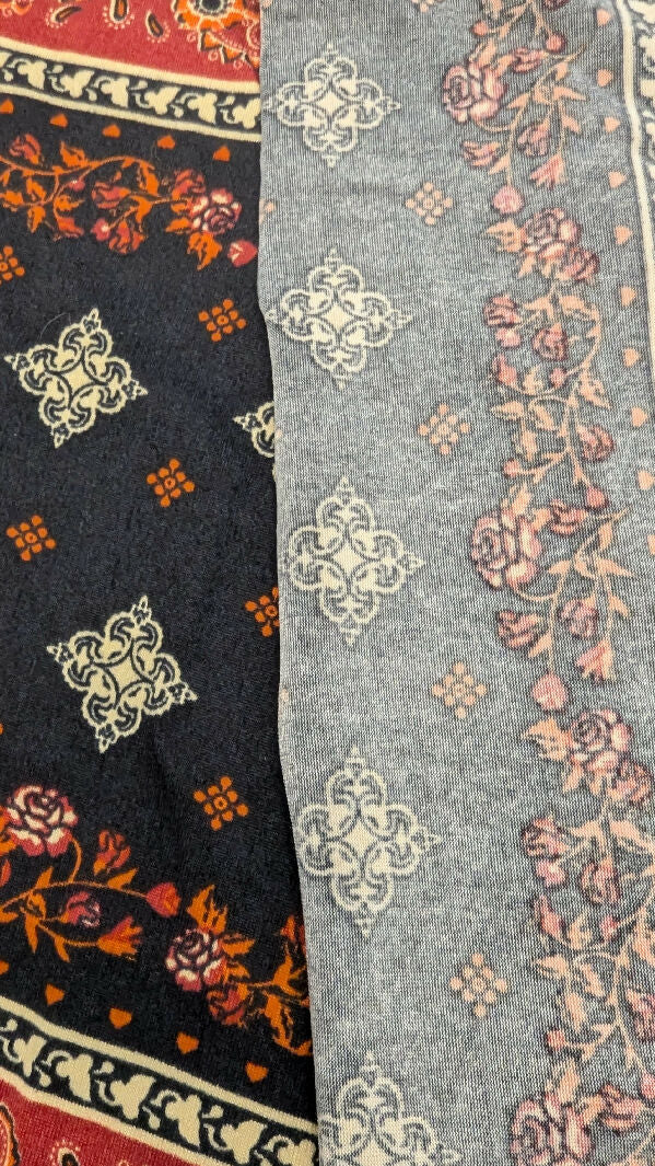 Black/Ivory/Rust Orange Quatrefoil & Rose Vine Print Jersey Knit Fabric 60"W - 1 1/4 yd