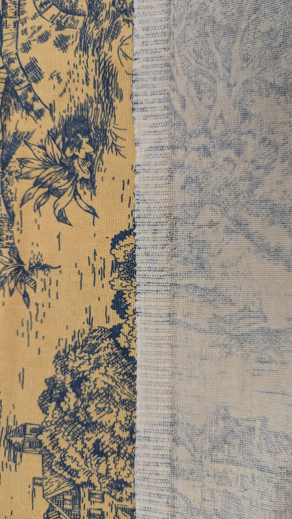 Butter Yellow/Dark Blue Toile Print Cotton Canvas Woven Fabric 58"W - 1 yd+