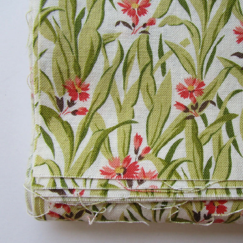 Orange + Green Floral Cotton Fabric, Four 15" Square Pieces