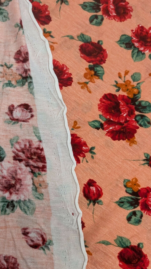 Salmon Pink/Red Floral Print Cotton Jersey 55"W - 1 1/2 yd