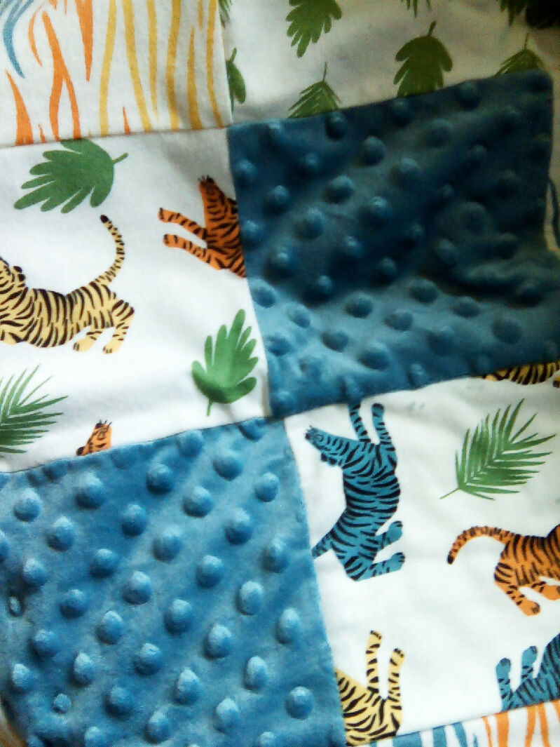 Flannel and minky quilted material 1 yard 47" x 40" blue animals leaves
