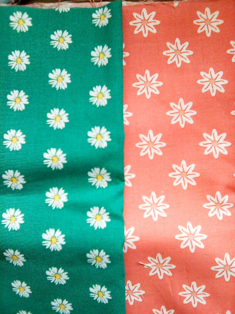 Cotton material, blue, green, black, pink, daisy designs, 9in x 43in all 8 pieces, fabric