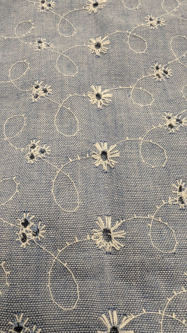 Heather Blue Embroidered Eyelet Chambray Woven Fabric 44"W - 2 yds