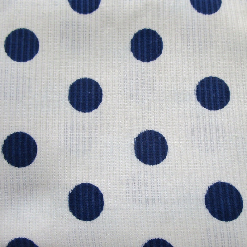 Vintage White Ribbed Cotton Fabric with Navy Polka Dots, 56" x 54"