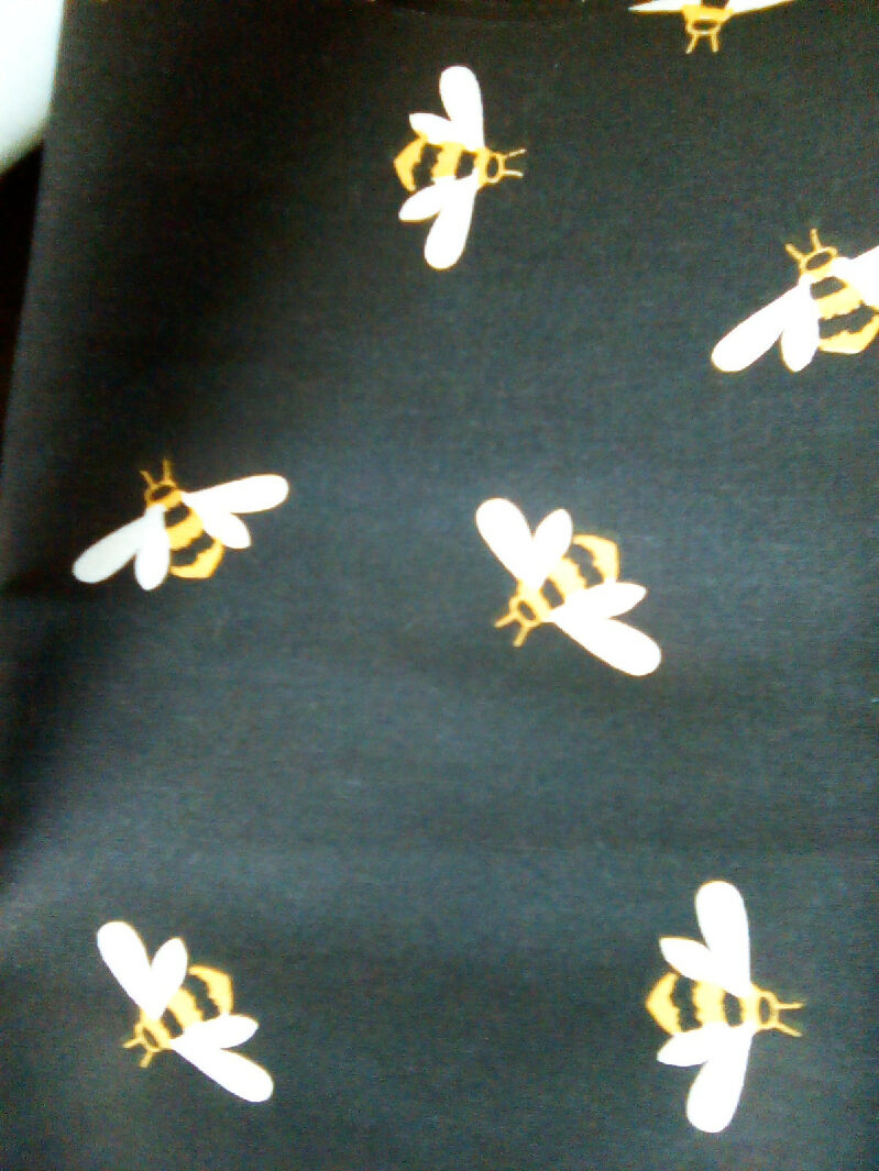 Cotton material black gray colors, 9" x 43" quilting fabric leaves bees ladybugs