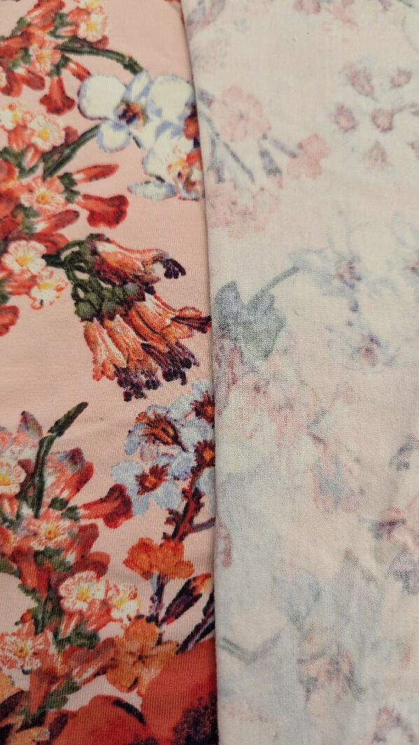 Blush Pink Floral Bouquet Print Cotton Spandex Knit Fabric 59"W - 2 3/4 yds