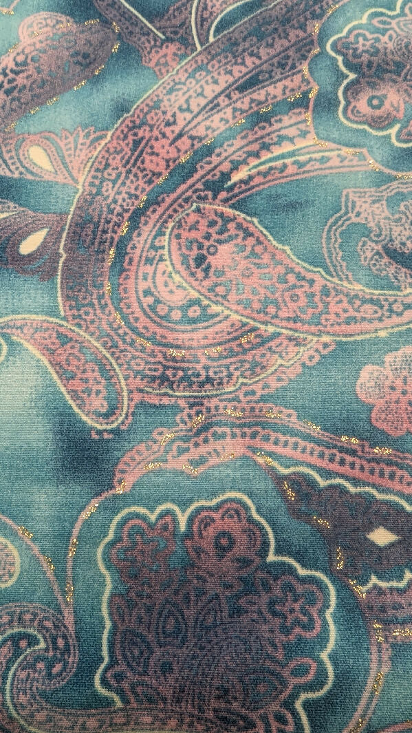 Turquoise Ombre Glitter Paisley Print Woven Fabric 45"W x 35"L