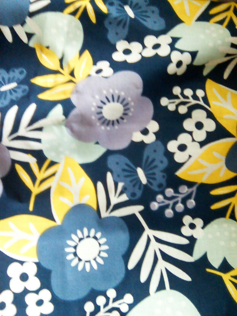 Cotton material, flower design, 44" x 44", navy blue, purple, yellow color