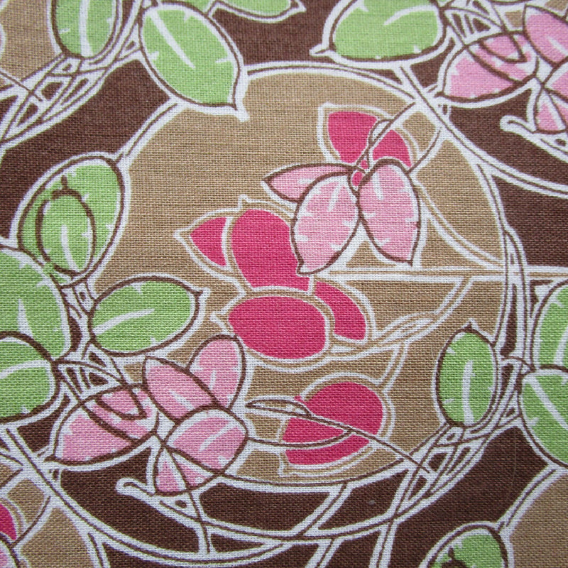 Cotton Fabric, Stylized Brown and Pink Floral, 42” x Almost 2 Yards