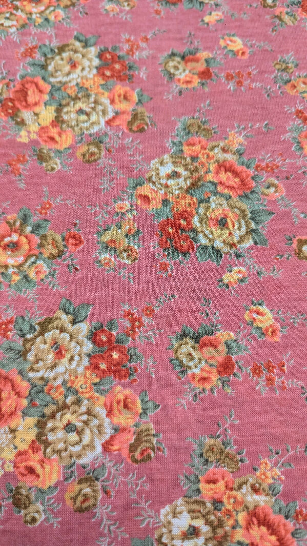 Dusty Rose/Peach/Ivory/Tan/Brick Red Floral Print Jersey Knit Fabric 58"W - 1 3/4 yds