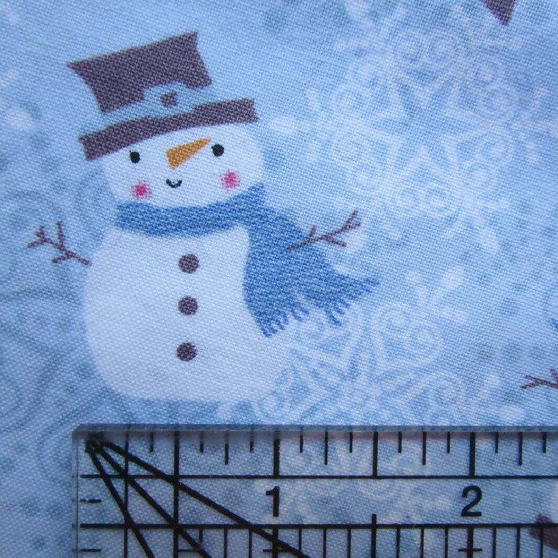 Cotton Sewing/Quilting Fabric, Snowmen + Snowflakes on Blue, 3 Pieces