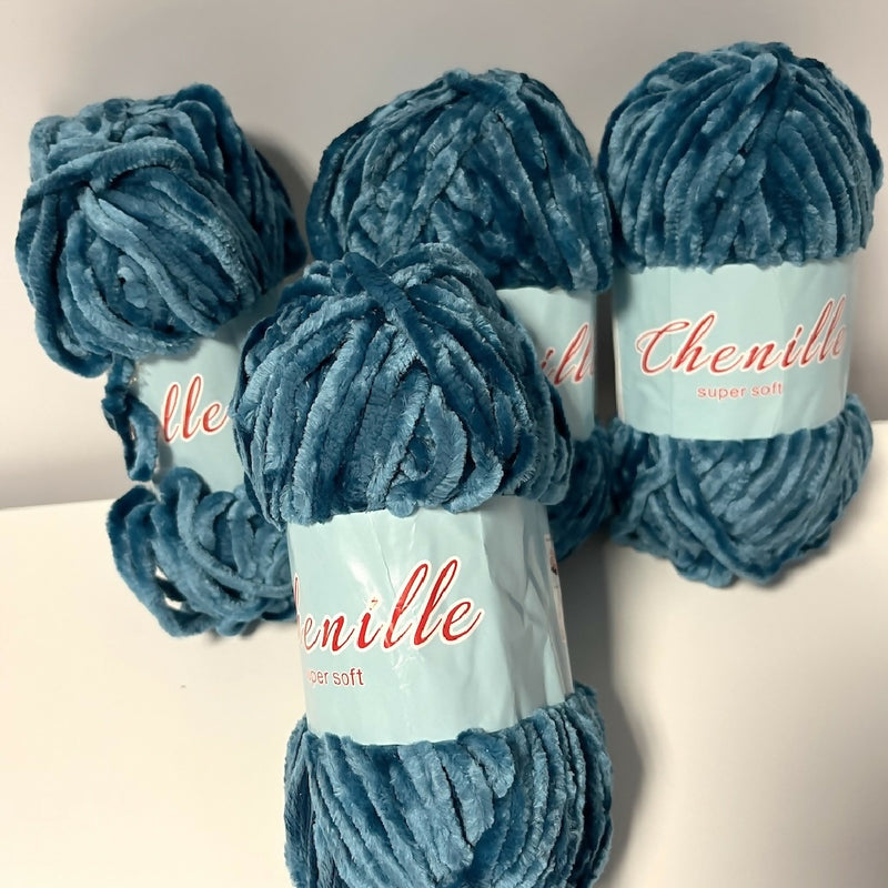 Teal Blue Polyester Chenille Bulky Yarn - 4 Skeins