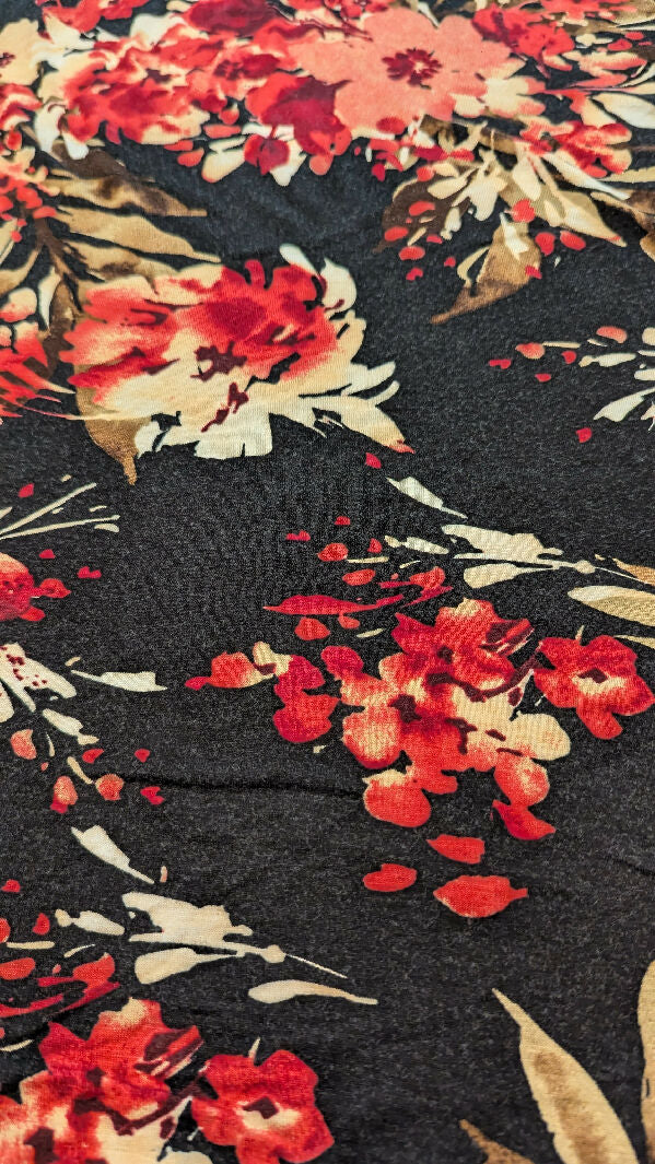 Black/Maroon Floral Print Rayon Spandex Knit Fabric 60"W - 1 1/2 yds