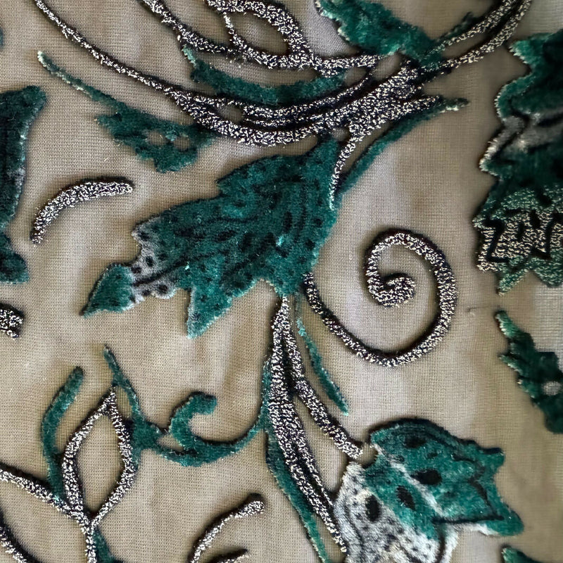 Black, Green and White Silk- Rayon Blend Woven with Velvet Burnout - 2.5 Yds