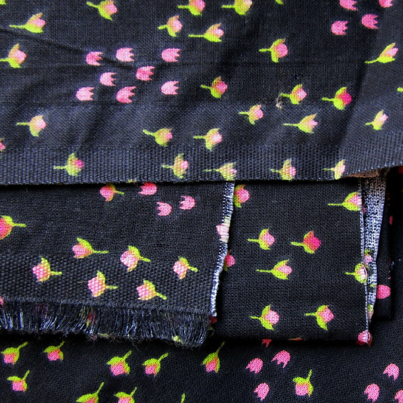 Pink Floral on Black Cotton Fabric, 43" x 59"