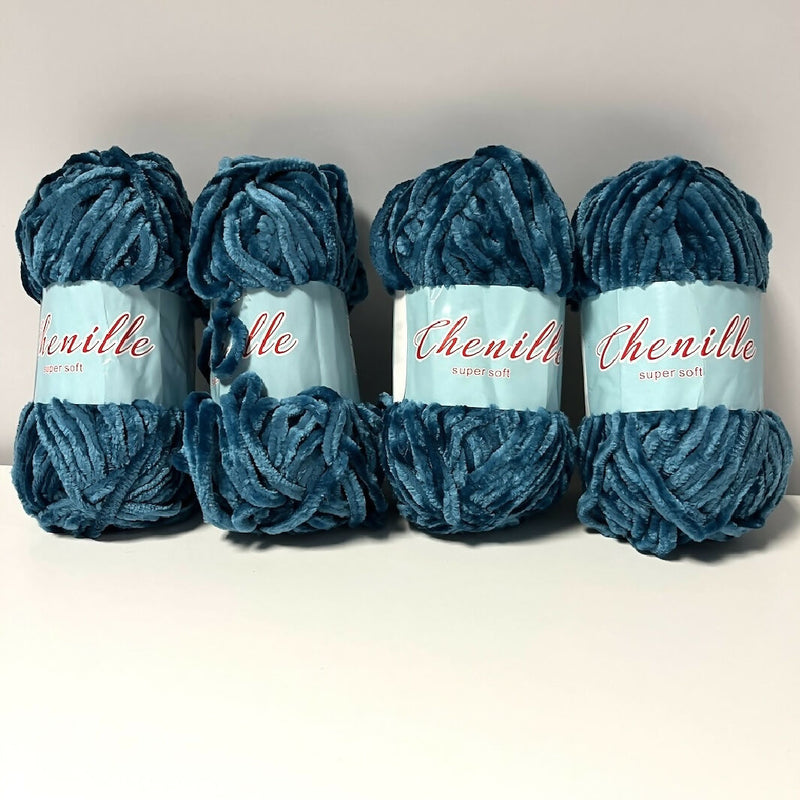 Teal Blue Polyester Chenille Bulky Yarn - 4 Skeins