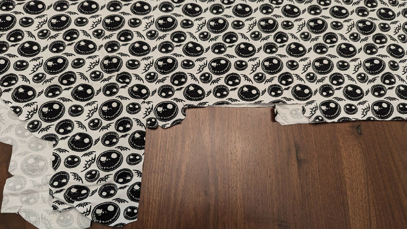 White/Black Jack Skellington Novelty Print Cotton Spandex Knit Fabric REMNANT 60"W - 1 1/4 yd+