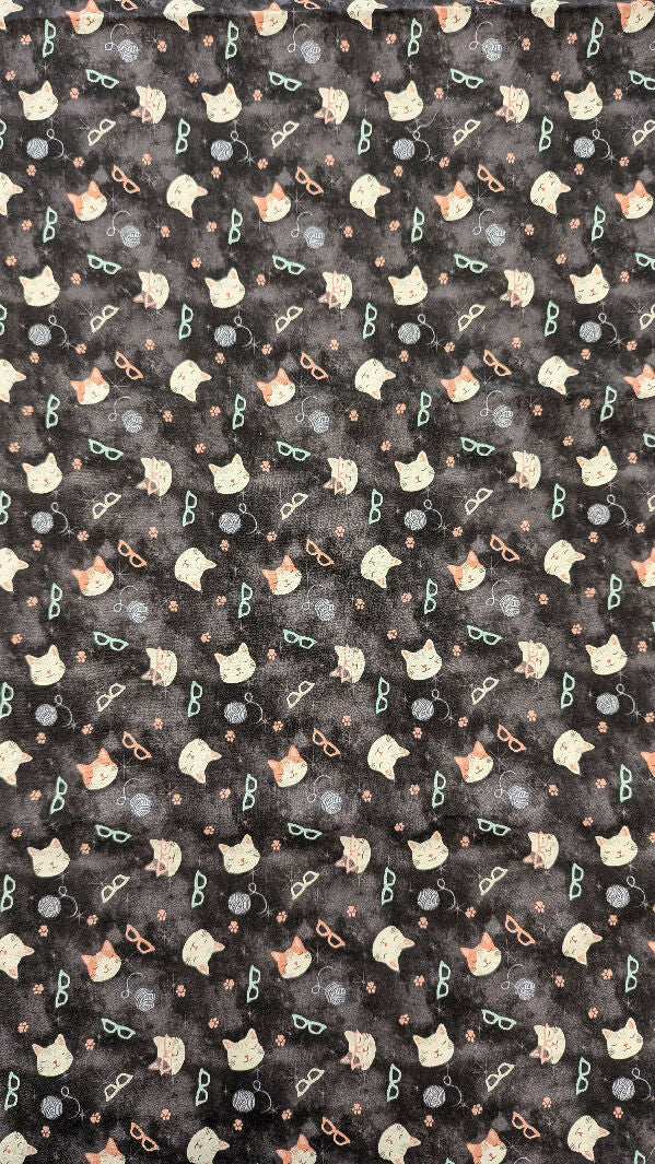 Charcoal Gray Kitties in Glasses Quilting Cotton Woven Fabric 42"W x 43"L