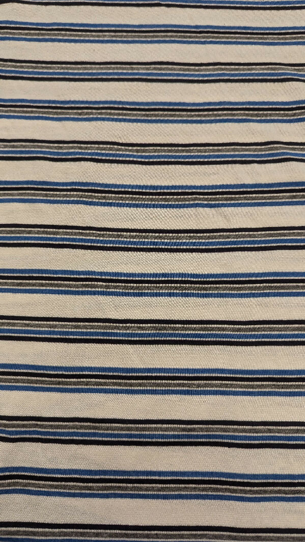 Off White/Heather Gray/Slate Blue/Black Striped Light Weight Sweater Knit Fabric 62"W - 1 3/4 yds