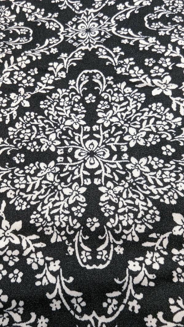Black/White Square Floral Medallion Print Double Brushed Polyester Knit Fabric 50"W - 1 yd