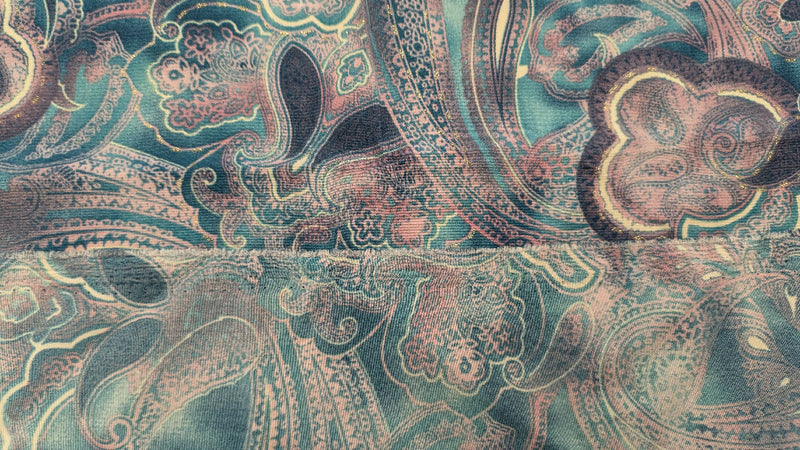 Turquoise Ombre Glitter Paisley Print Woven Fabric 45"W x 35"L