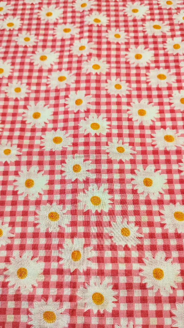 Pink/White Gingham & Daisy Print Cotton Woven Fabric 44"W - 2 yds