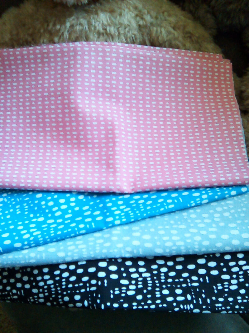 Cotton material, water dots designs, black, blue, gray, pink colors, 9" x 43"