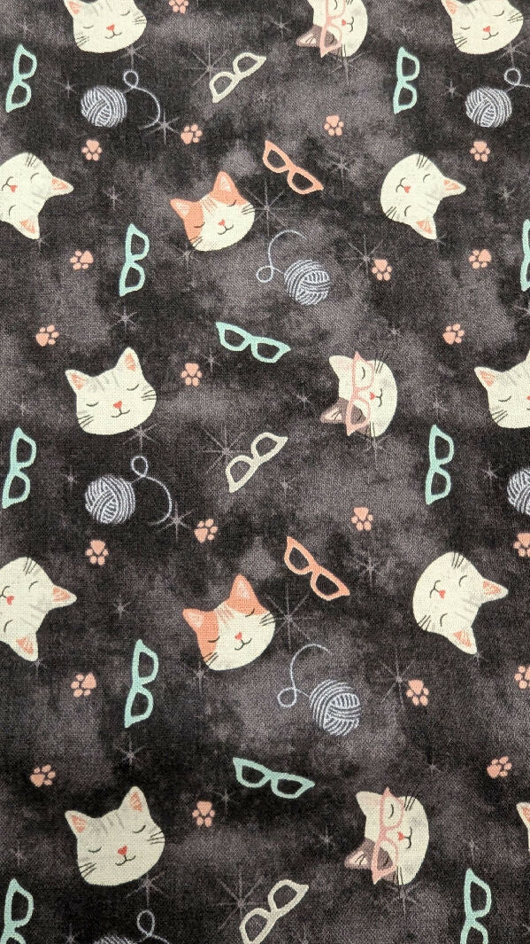 Charcoal Gray Kitties in Glasses Quilting Cotton Woven Fabric 42"W x 43"L