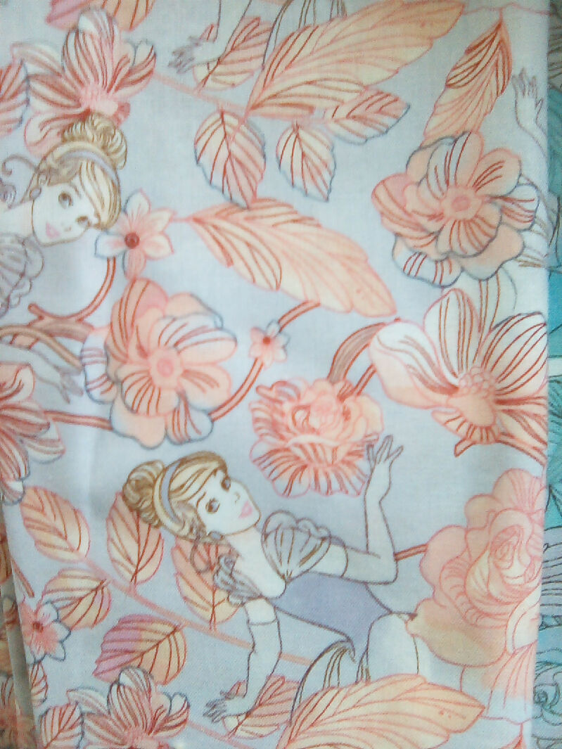Cotton material, princess flower design yellow blue pink colors, 9" x 43"