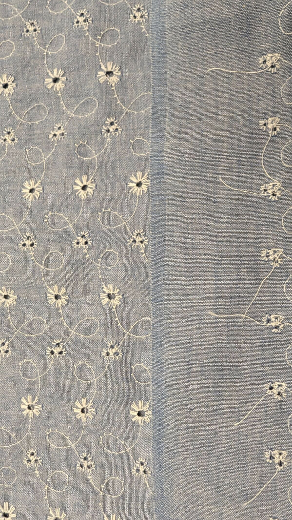 Heather Blue Embroidered Eyelet Chambray Woven Fabric 44"W - 2 yds